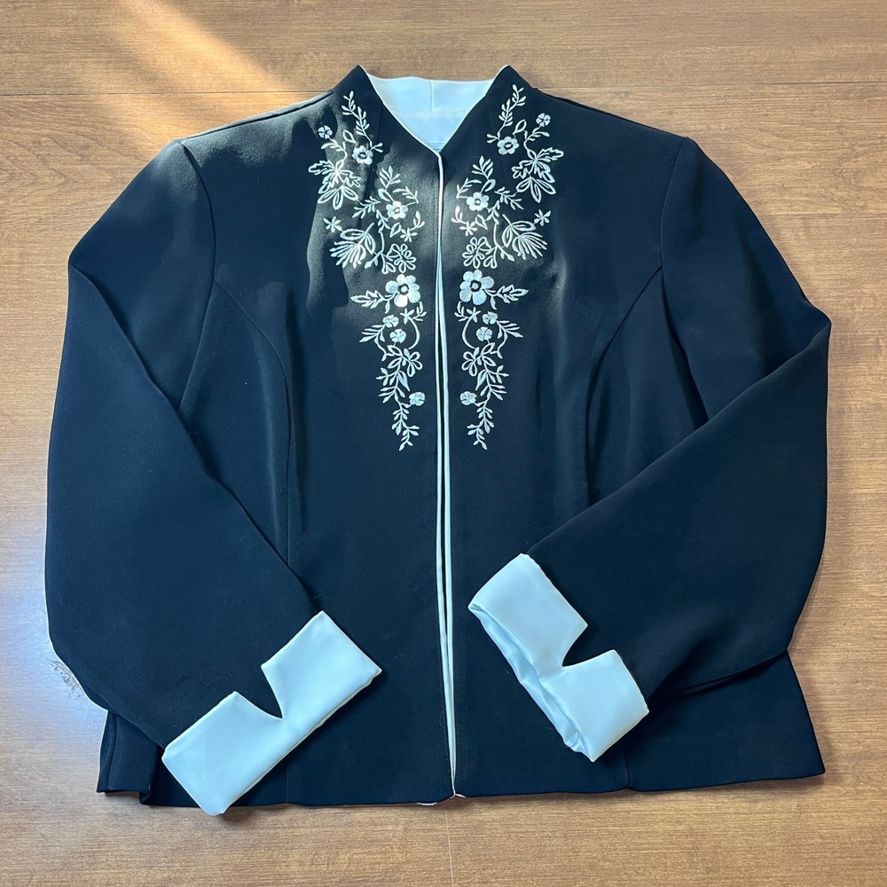 Jessica Howard Black White Embroidered Mandarin Collar Blazer Jacket Size 12